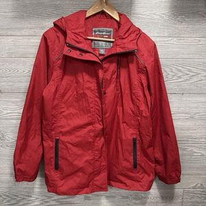 Eddie Bauer Edge Red Hooded Windbreaker Jacket Womens XL Lightweight Nylon Zip